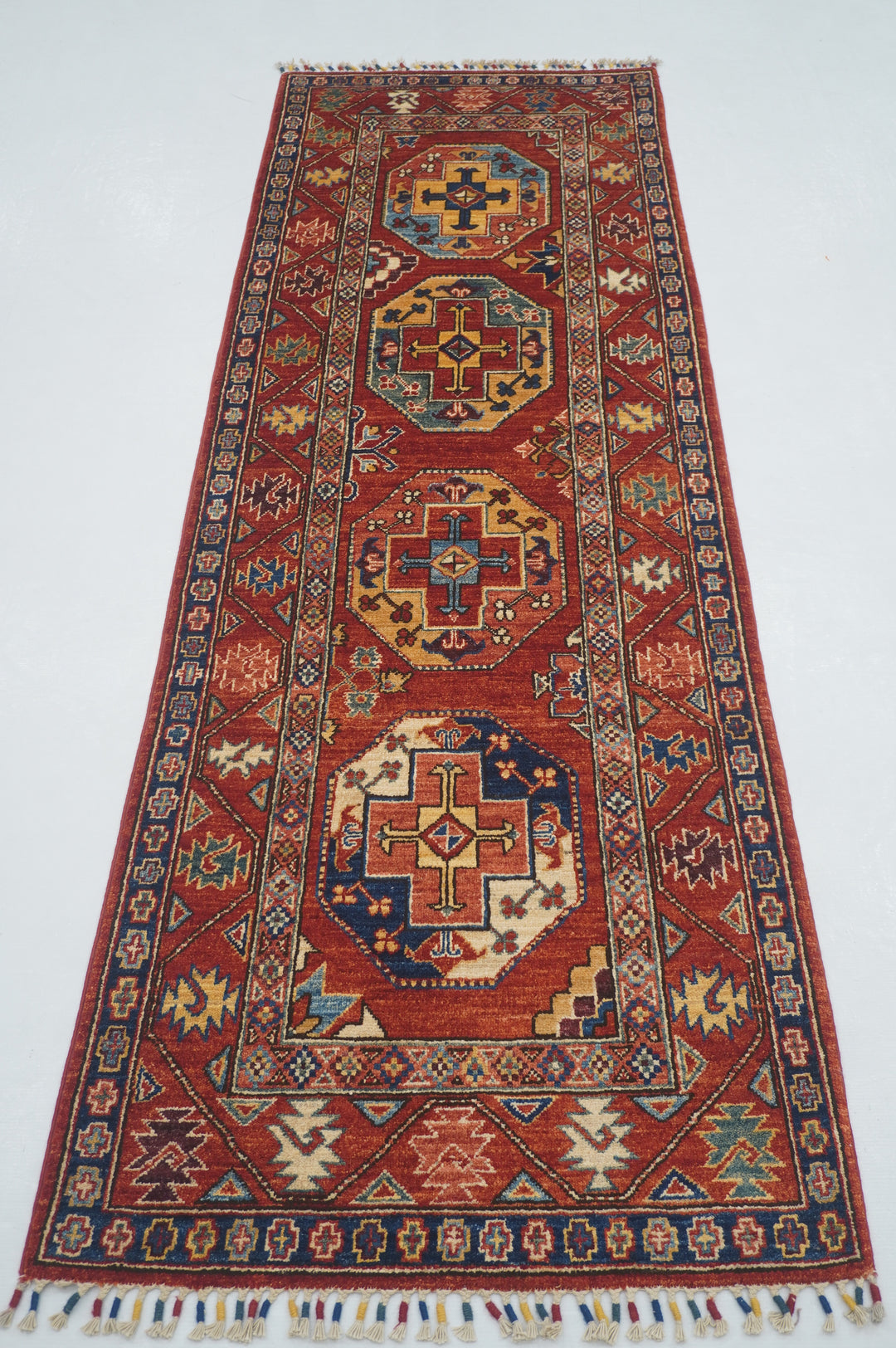 8 ft Red Ersari Turkmen Afghan Hand knotted Oriental Runner Rug - Yildiz Rugs