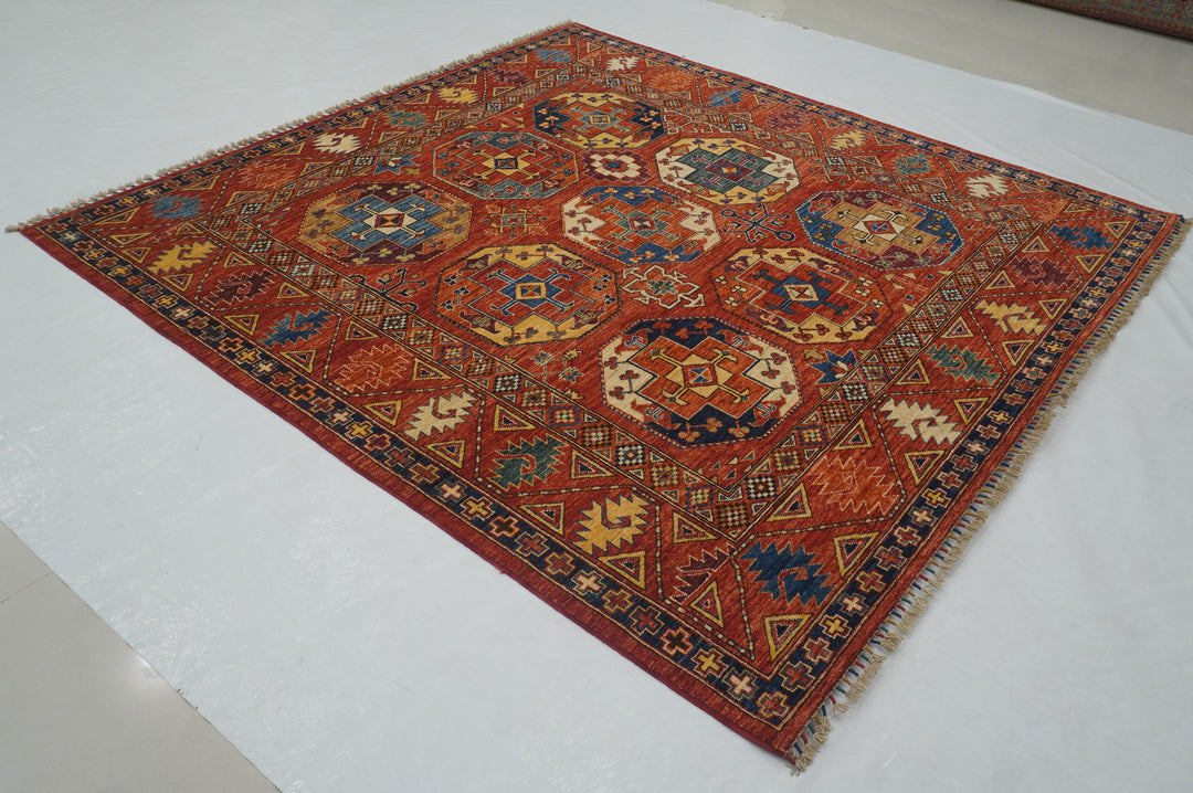 7x7 Red Ersari Square Tribal Tekke Afghan Hand knotted Rug