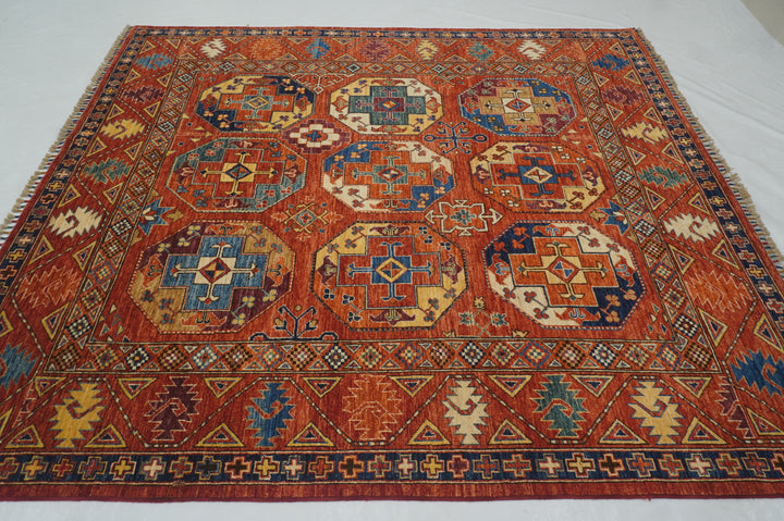 7x7 Red Ersari Square Tribal Tekke Afghan Hand knotted Rug