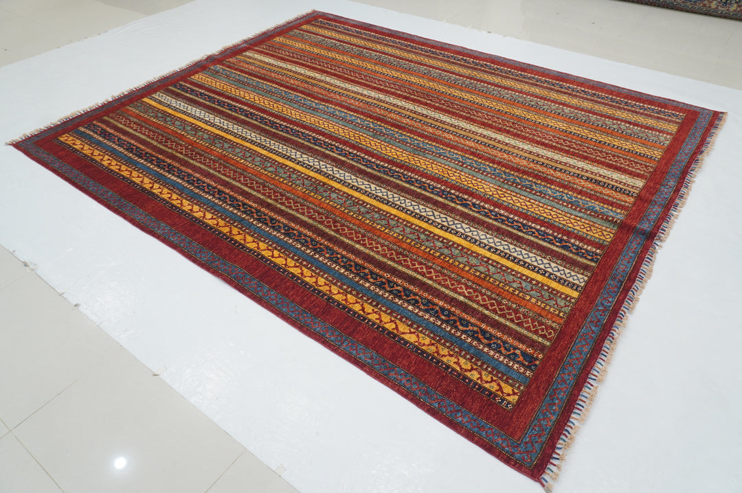 8x10 Red Turkish Shawl Pattern Hand Knotted Striped Rug - Yildiz Rugs