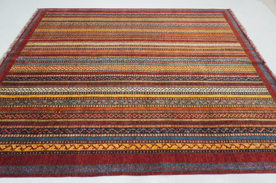 8x10 Red Turkish Shawl Pattern Hand Knotted Striped Rug - Yildiz Rugs