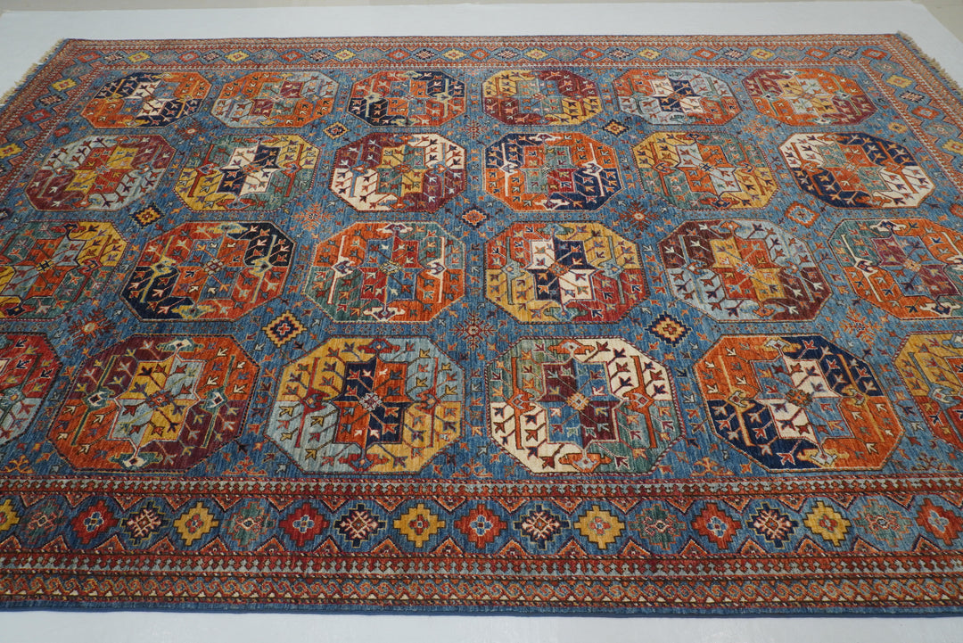 8x13 Blue Ersari Turkmen Afghan Tribal Rug