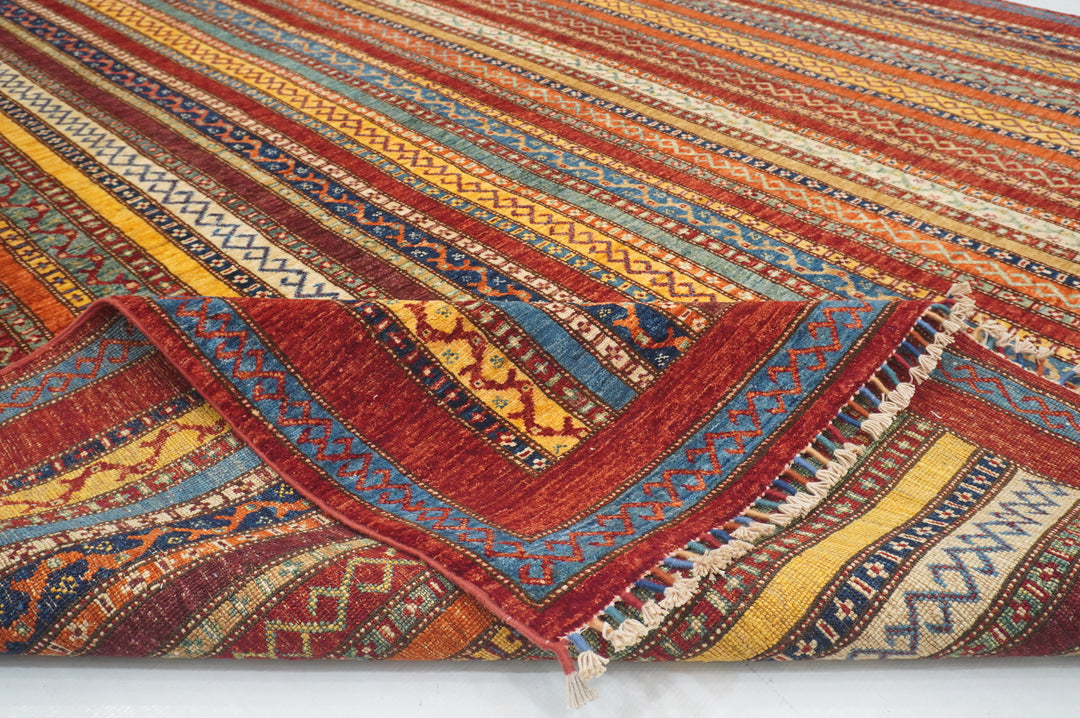 8x10 Red Turkish Shawl Pattern Hand Knotted Striped Rug - Yildiz Rugs