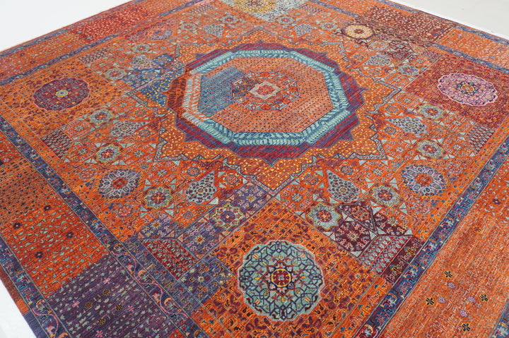 10x10 Rusty Orange Mamluk Turkish Hand knotted Medallion Square Rug - Yildiz Rugs