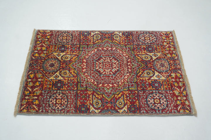 2x3 Red Turkish Mamluk Hand knotted Medallion Accent Rug