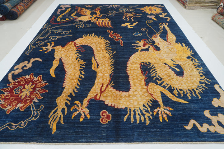 9x12 Navy Blue Dragon Phoenix Chinese Style Afghan Hand knotted Rug