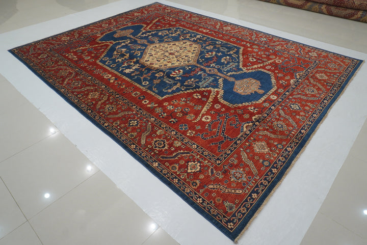 9x12 Blue Red Serapi Afghan Hand knotted Medallion Rug