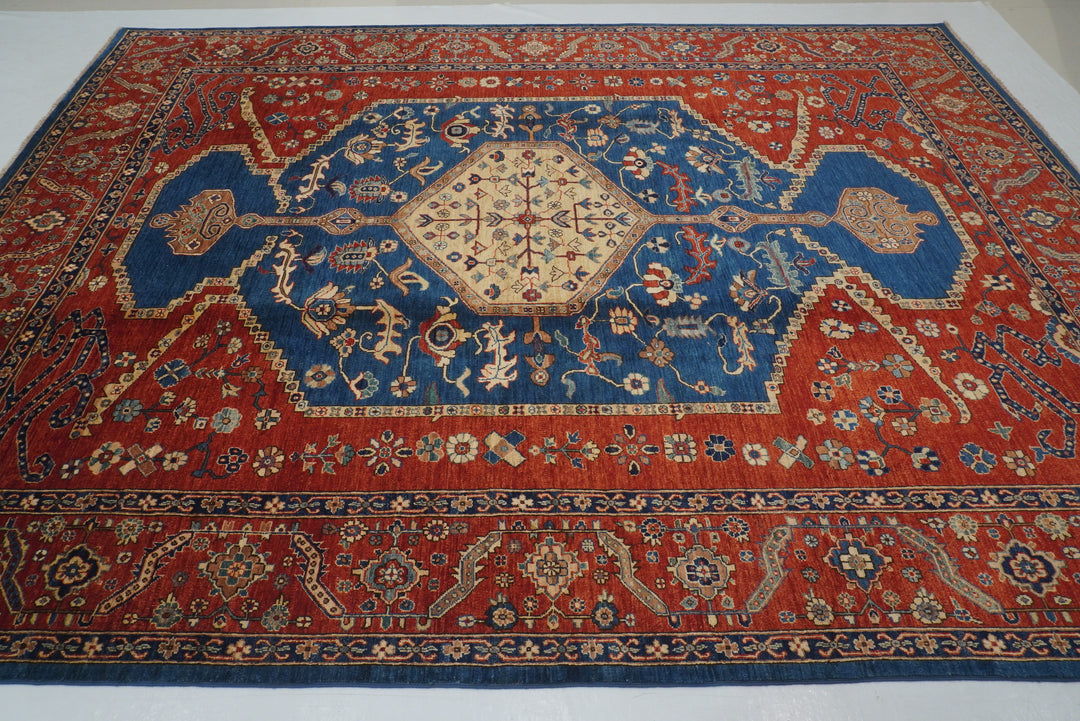 9x12 Blue Red Serapi Afghan Hand knotted Medallion Rug