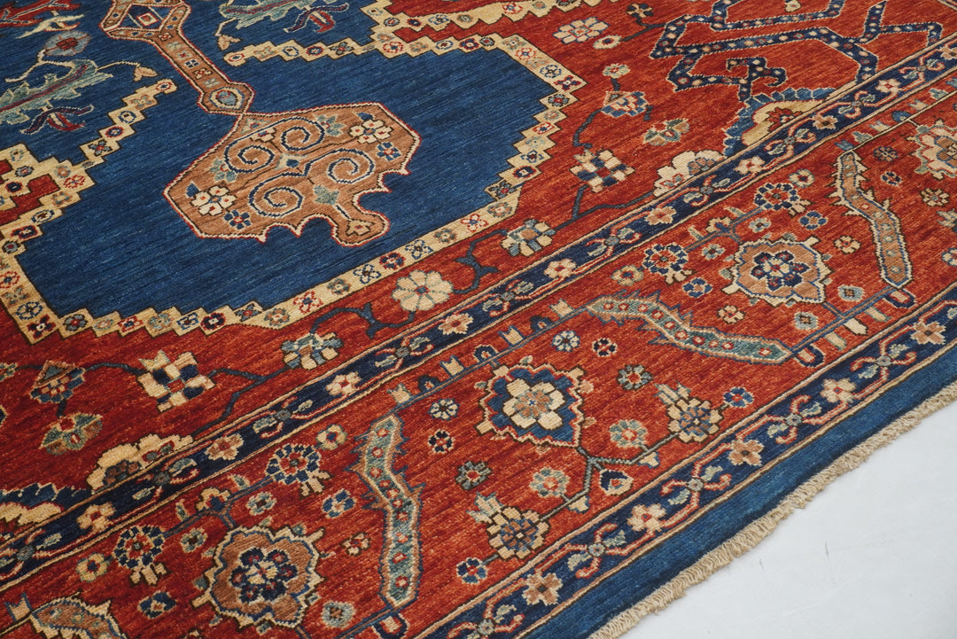 9x12 Blue Red Serapi Afghan Hand knotted Medallion Rug