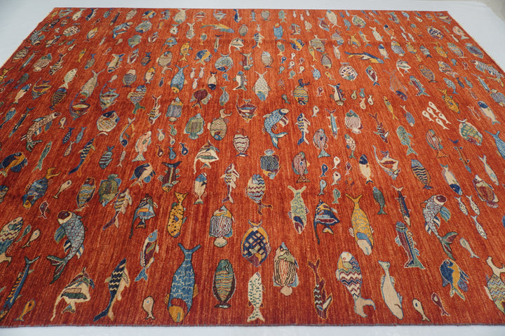 9x12 Red Fish Gabbeh Afghan Hand knotted Rug - Yildiz Rugs