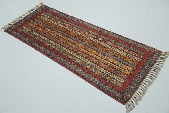 2x5 Red Shaal Turkish Hand knotted Wool Runner Rug - Yildiz Rugs