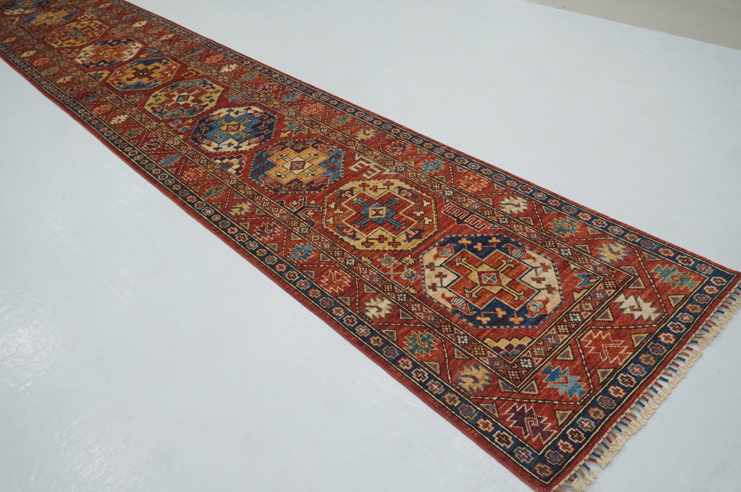 18 ft Red Ersari Turkmen Tekke Oriental Afghan Hand knotted Long Runner Rug - Yildiz Rugs