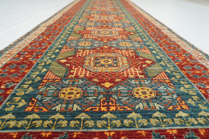 10 ft Green Mamluk Hand knotted Wool Medallion Runner Rug - Yildiz Rugs