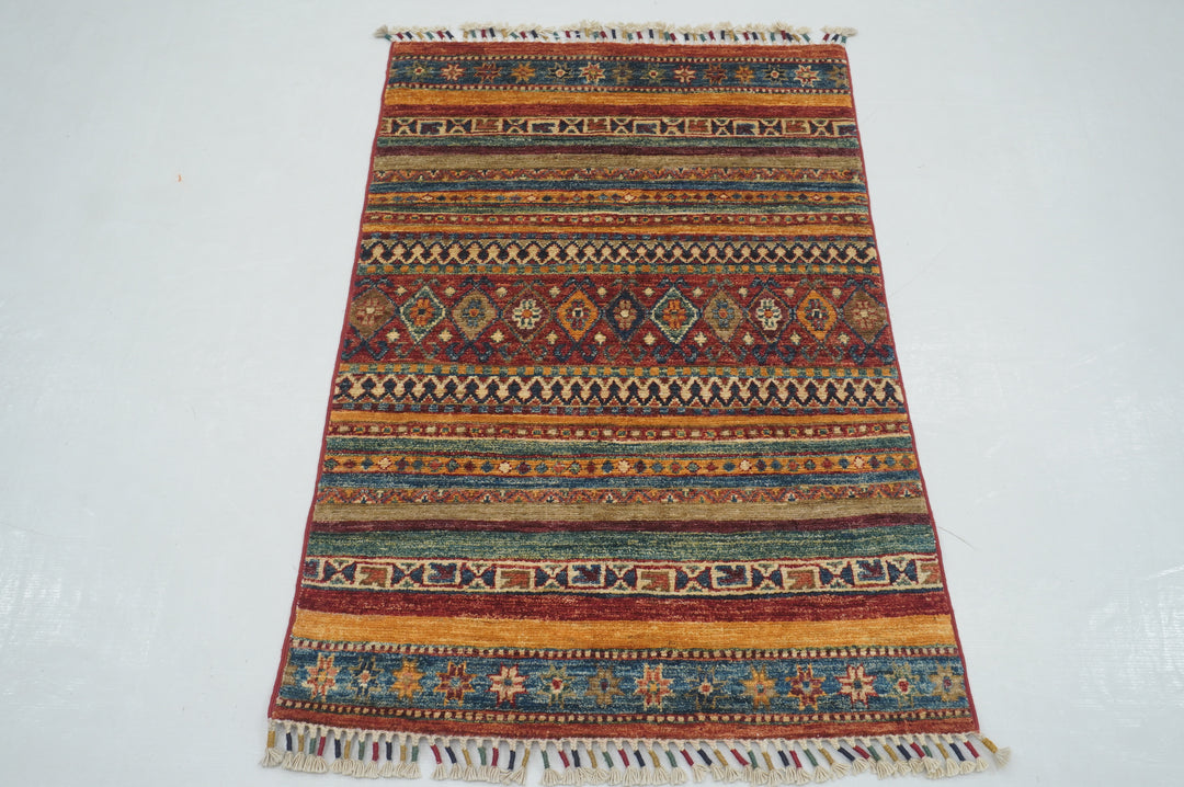 3x4 Afghan Tribal Red Multicolor Hand knotted Striped Rug