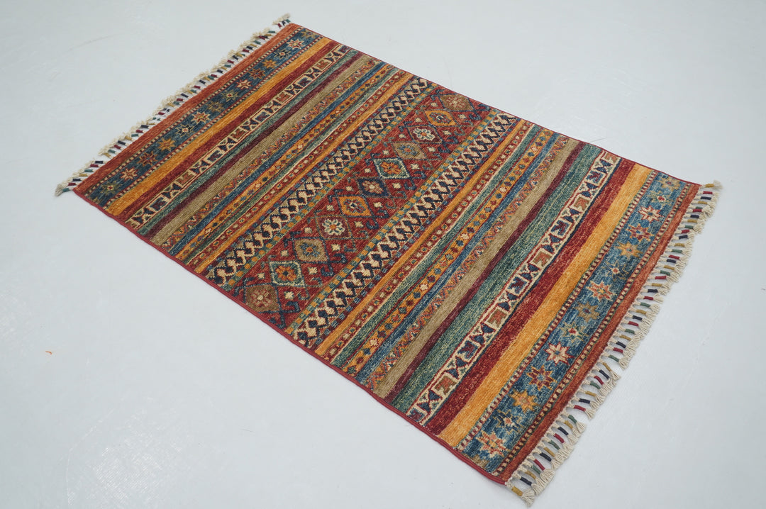 3x4 Afghan Tribal Red Multicolor Hand knotted Striped Rug