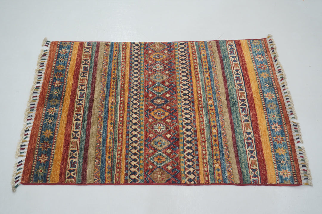 3x4 Afghan Tribal Red Multicolor Hand knotted Striped Rug