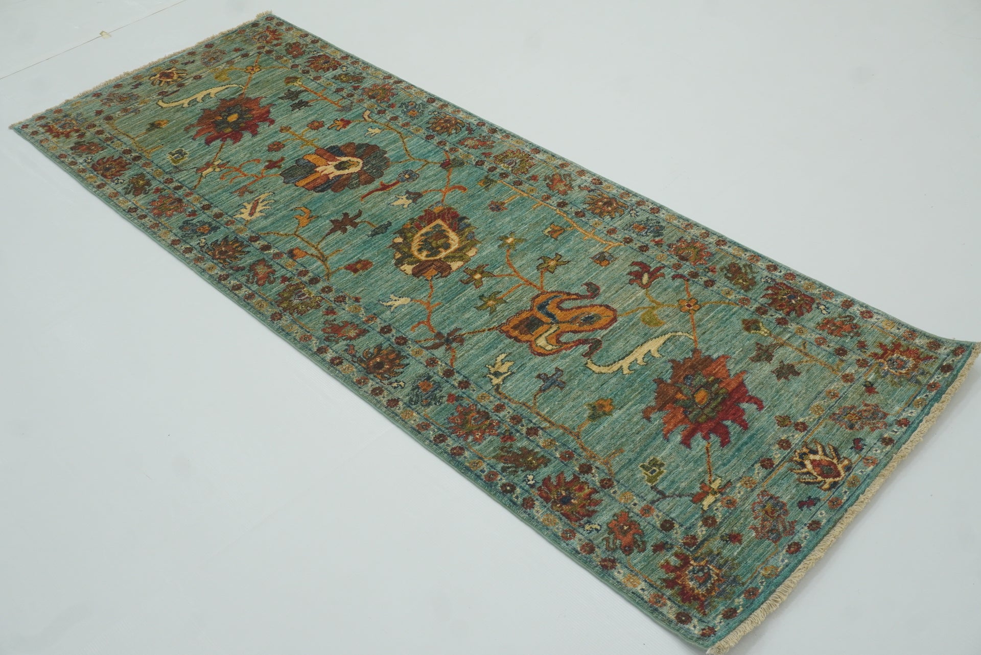 7 ft Blue Waziri Afghan Hand-Knotted Wool Runner Rug