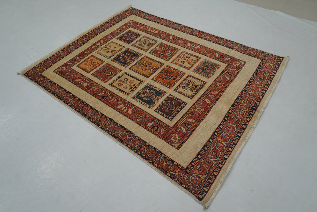 5x6 Beige Bakhtiari Afghan Hand Knotted Oriental Rug