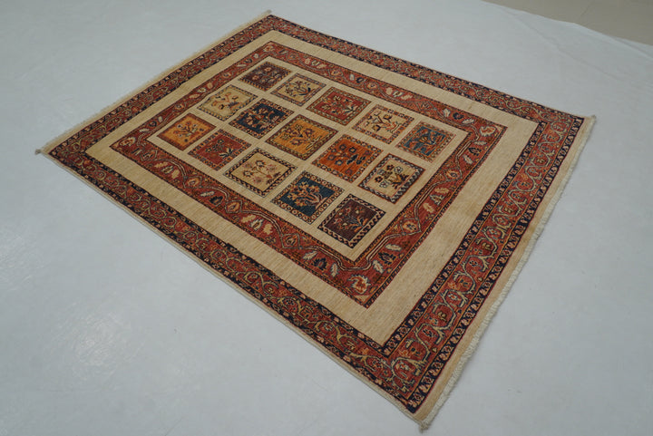 5x6 Beige Bakhtiari Afghan Hand Knotted Oriental Rug