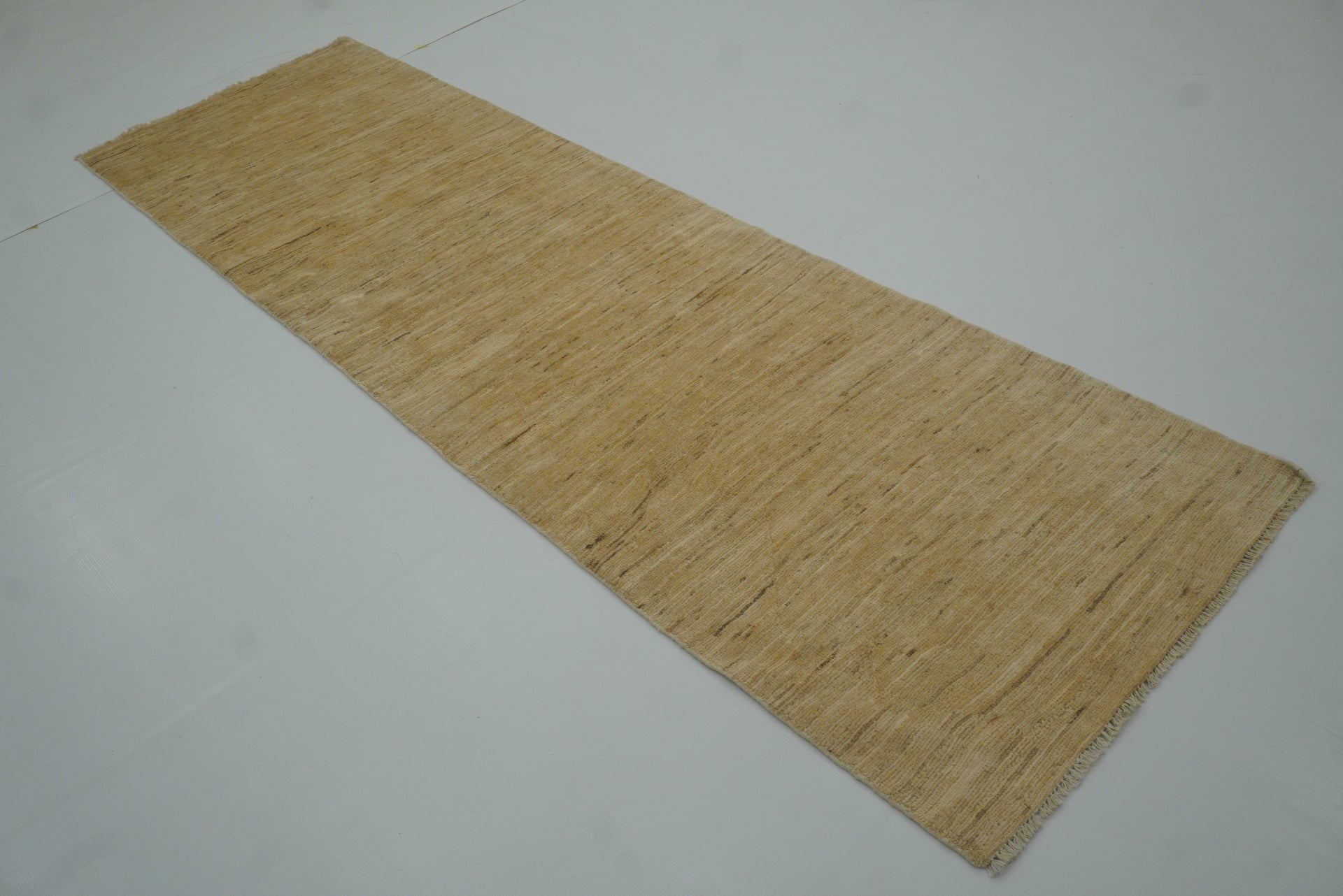 2'9"x9'3" Solid Gabbeh Gold Beige Afghan Hand Knotted Runner Rug