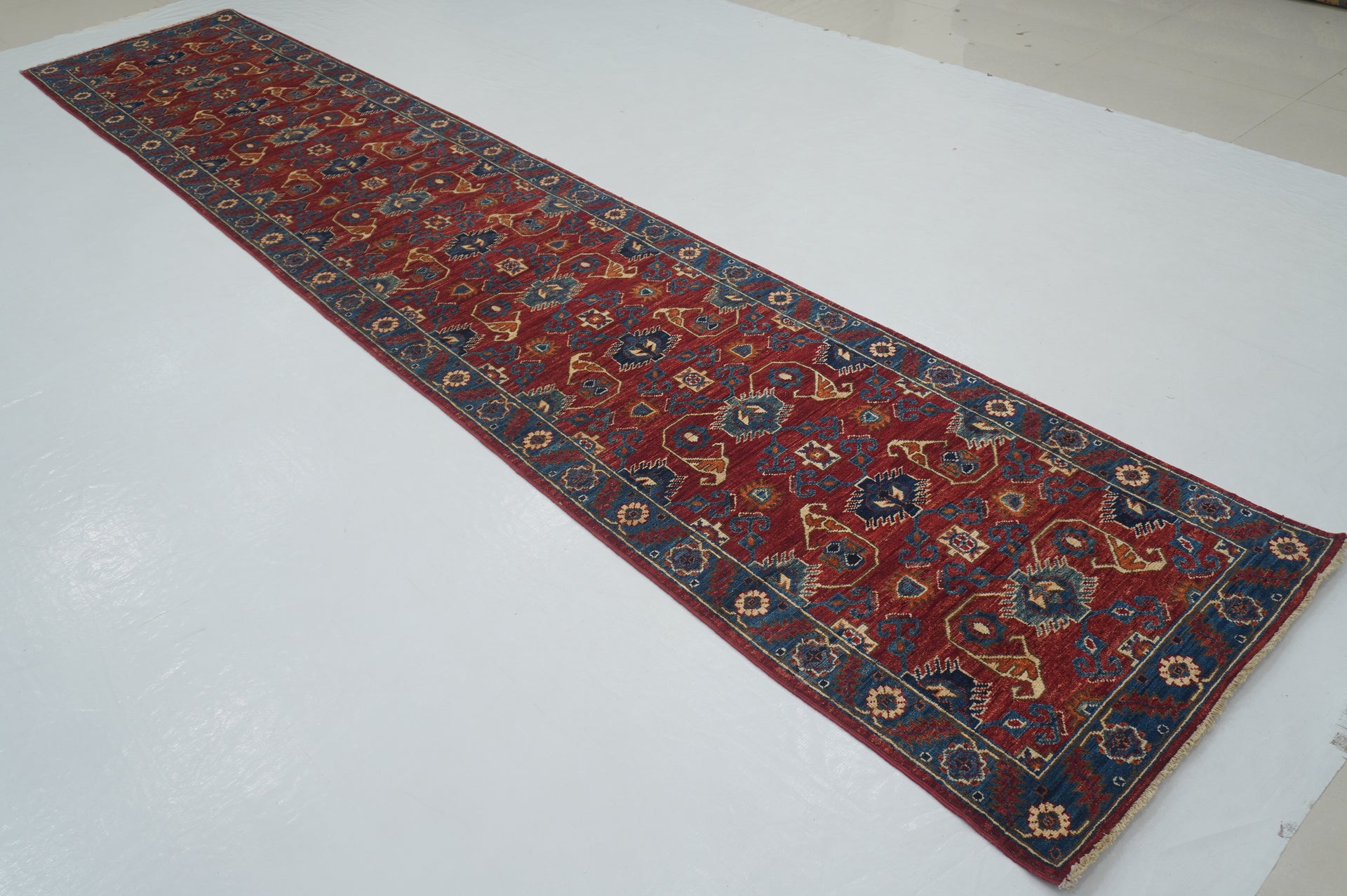 14 ft Red Serapi Traditional Afghan Hand knotted Geometric Runner Rug - Yildiz Rugs