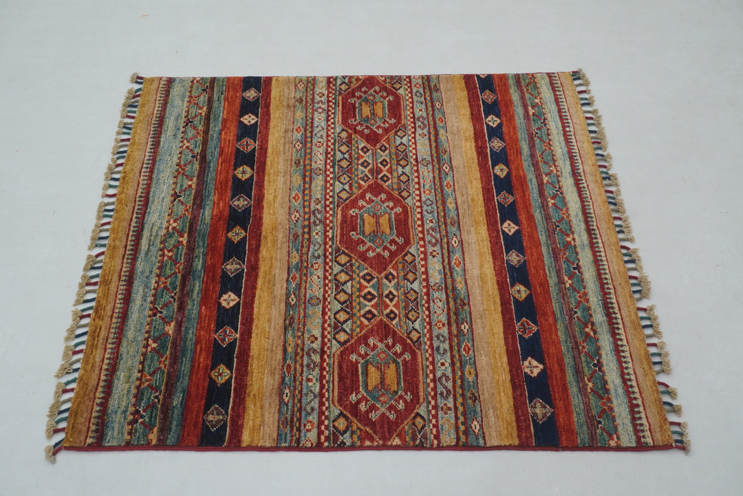 3x3 Multicolor Tribal Afghan Hand Knotted Square Rug