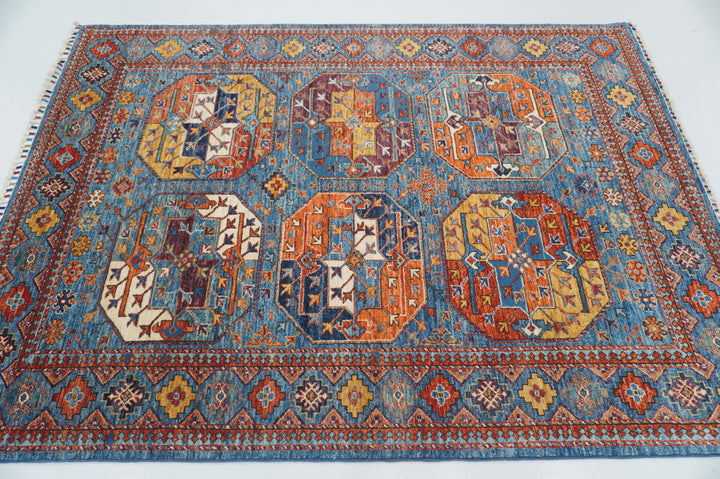 5x7 Blue Ersari Turkmen Afghan hand knotted Tribal Rug - Yildiz Rugs