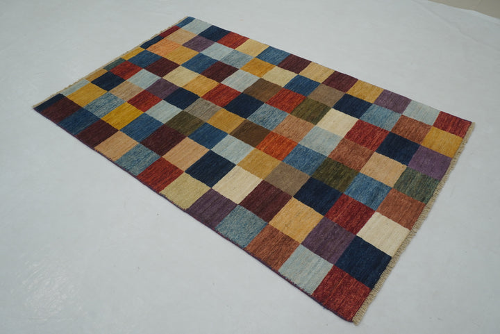 4x6 Checkered Gabbeh Multicolor Afghan Hand knotted Rug