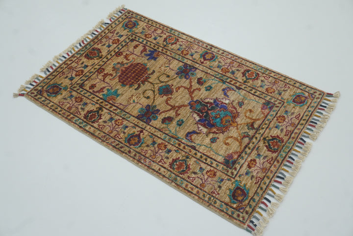 2x3 Beige Afghan Waziri Floral Hand Knotted Rug - Yildiz Rugs