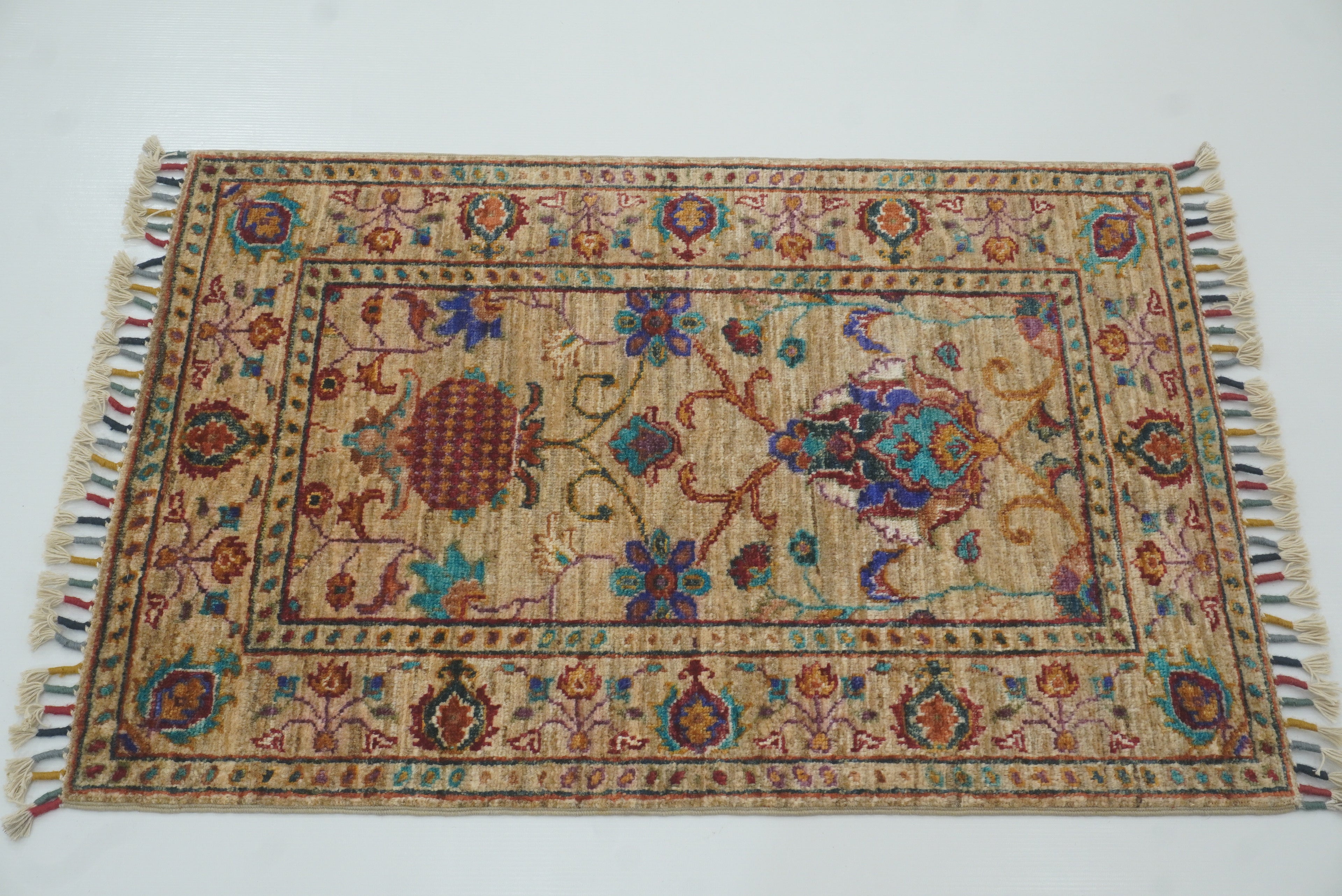 2x3 Beige Afghan Waziri Floral Hand Knotted Rug - Yildiz Rugs
