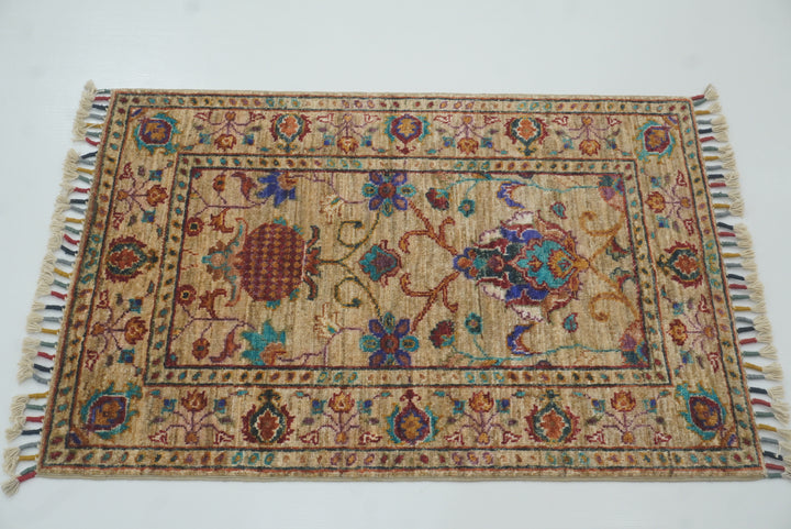 2x3 Beige Afghan Waziri Floral Hand Knotted Rug - Yildiz Rugs