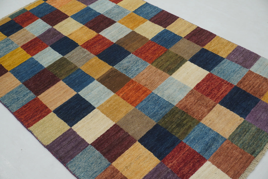 4x6 Checkered Gabbeh Multicolor Afghan Hand knotted Rug