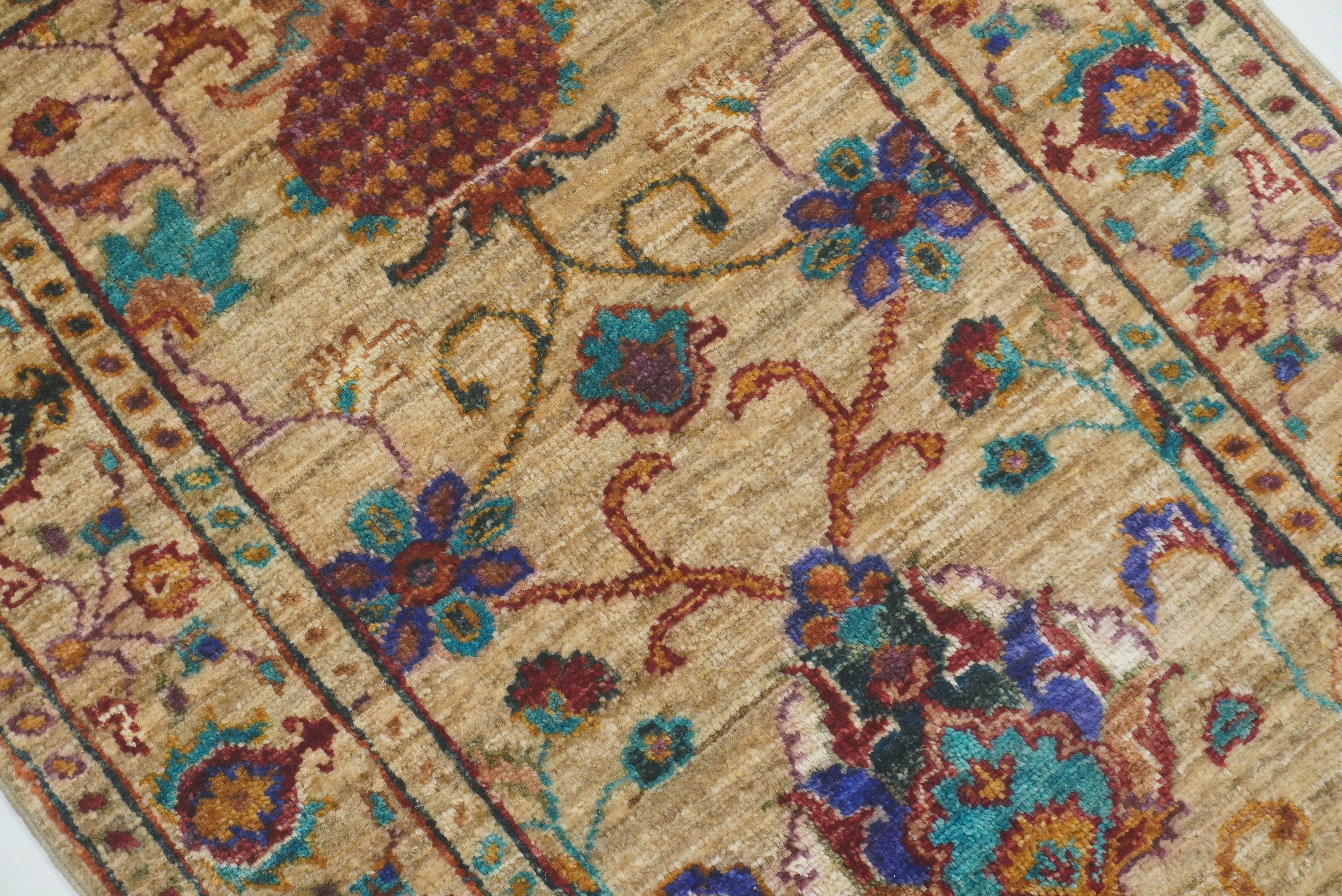 2x3 Beige Afghan Waziri Floral Hand Knotted Rug - Yildiz Rugs
