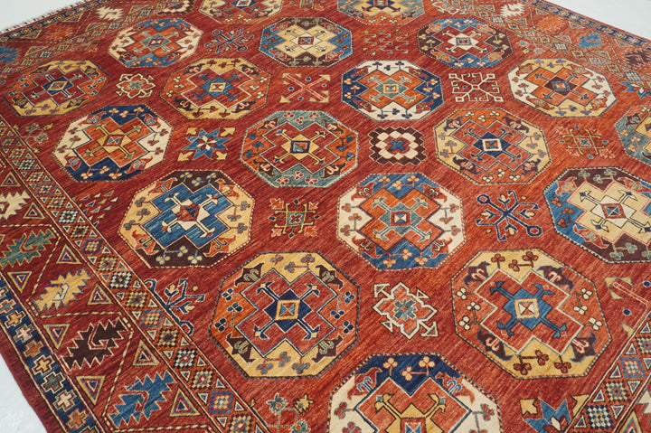 8x10 Red Ersari Afghan hand knotted Geometric Oriental Rug - Yildiz Rugs