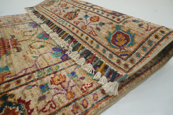 2x3 Beige Afghan Waziri Floral Hand Knotted Rug - Yildiz Rugs