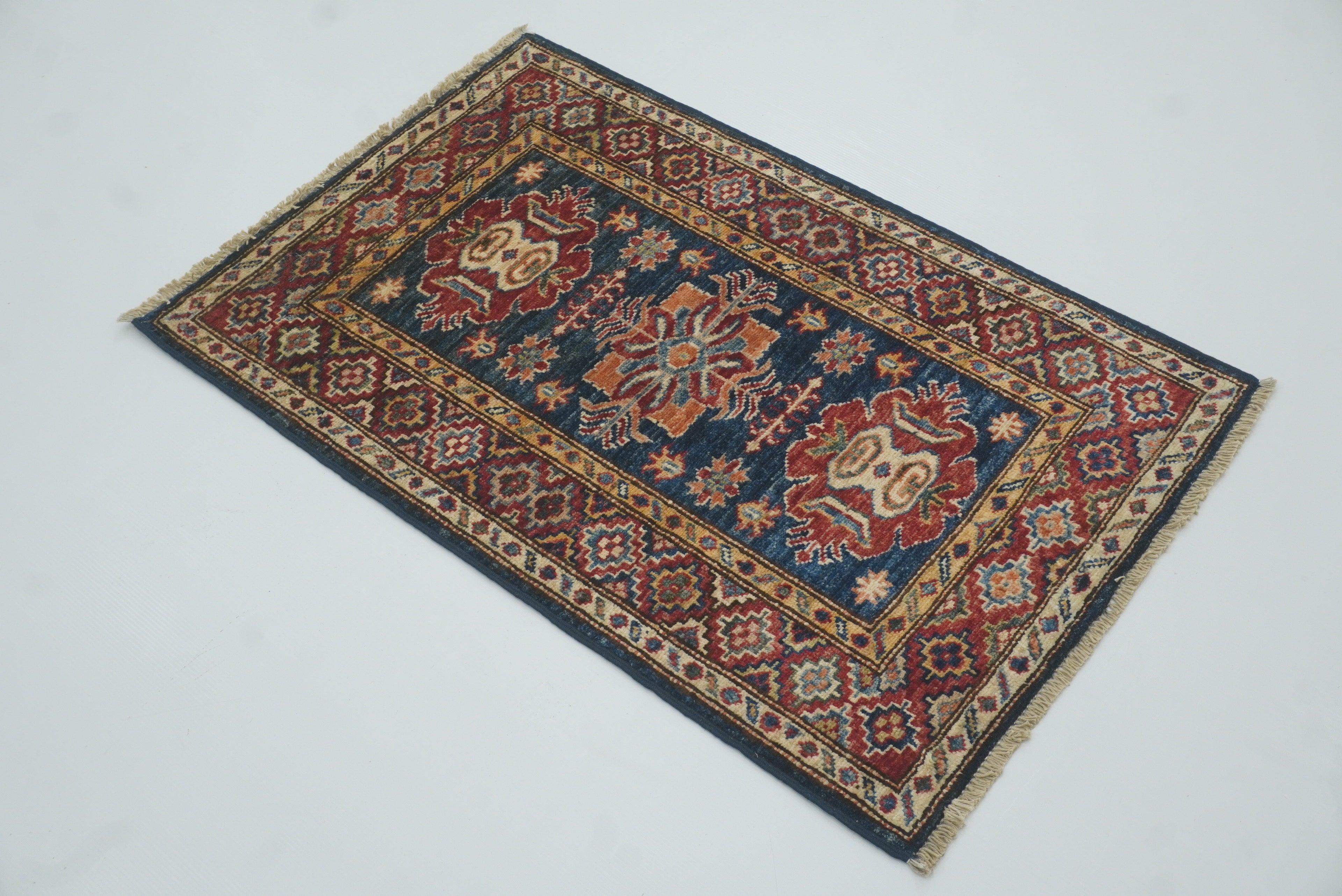 2x3 Navy Blue Kazak Hand-Knotted Afghan Rug - Yildiz Rugs