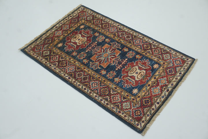 2x3 Navy Blue Kazak Hand-Knotted Afghan Rug - Yildiz Rugs