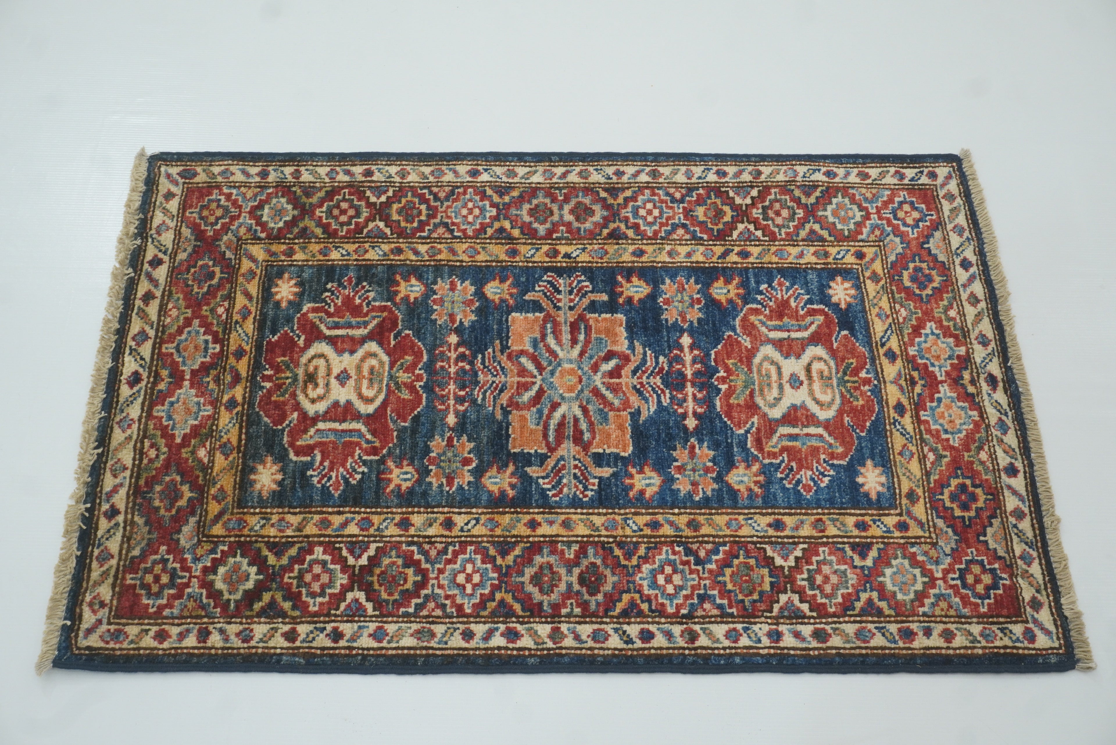 2x3 Navy Blue Kazak Hand-Knotted Afghan Rug - Yildiz Rugs