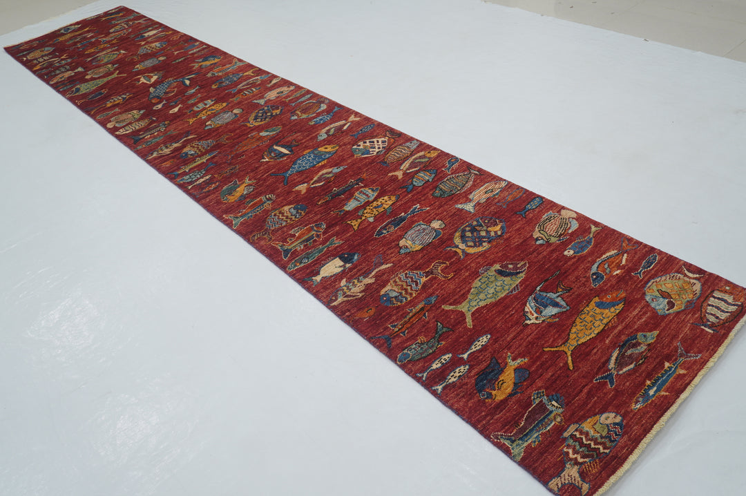 3 x 14 ft Red Fish Gabbeh Afghan Hand knotted Long Runner Rug - Yildiz Rugs