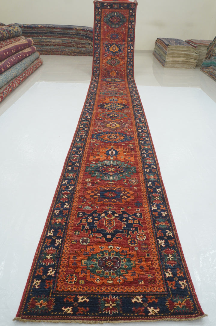 22 Ft Red Tribal Baluch Afghan Hand Knotted Extra Long Runner Rug