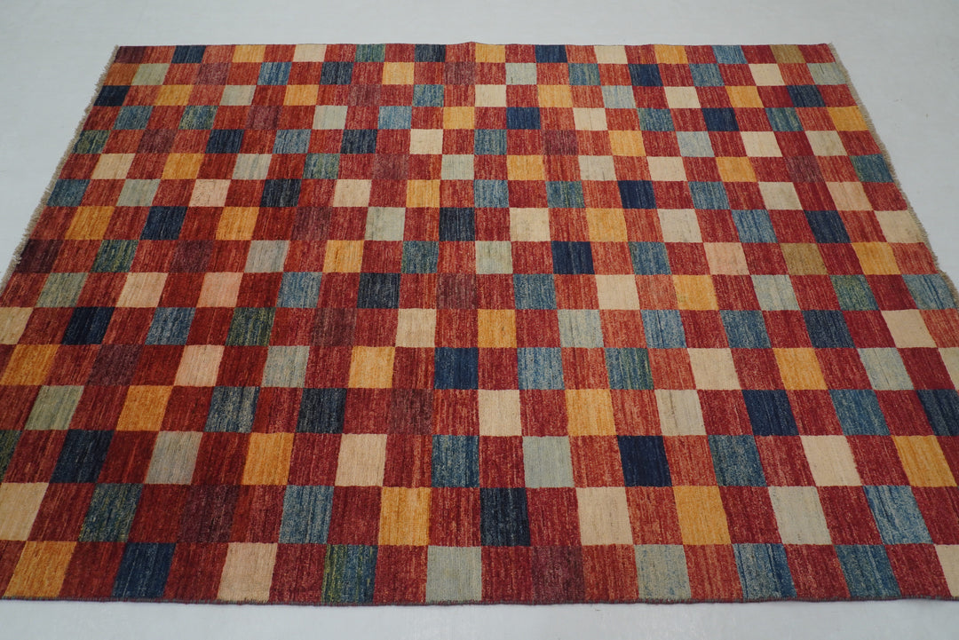 5x8 Red Checkered box Gabbeh hand knotted Rug