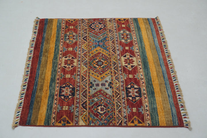 3x3 Red Tribal Afghan Hand Knotted Square Rug