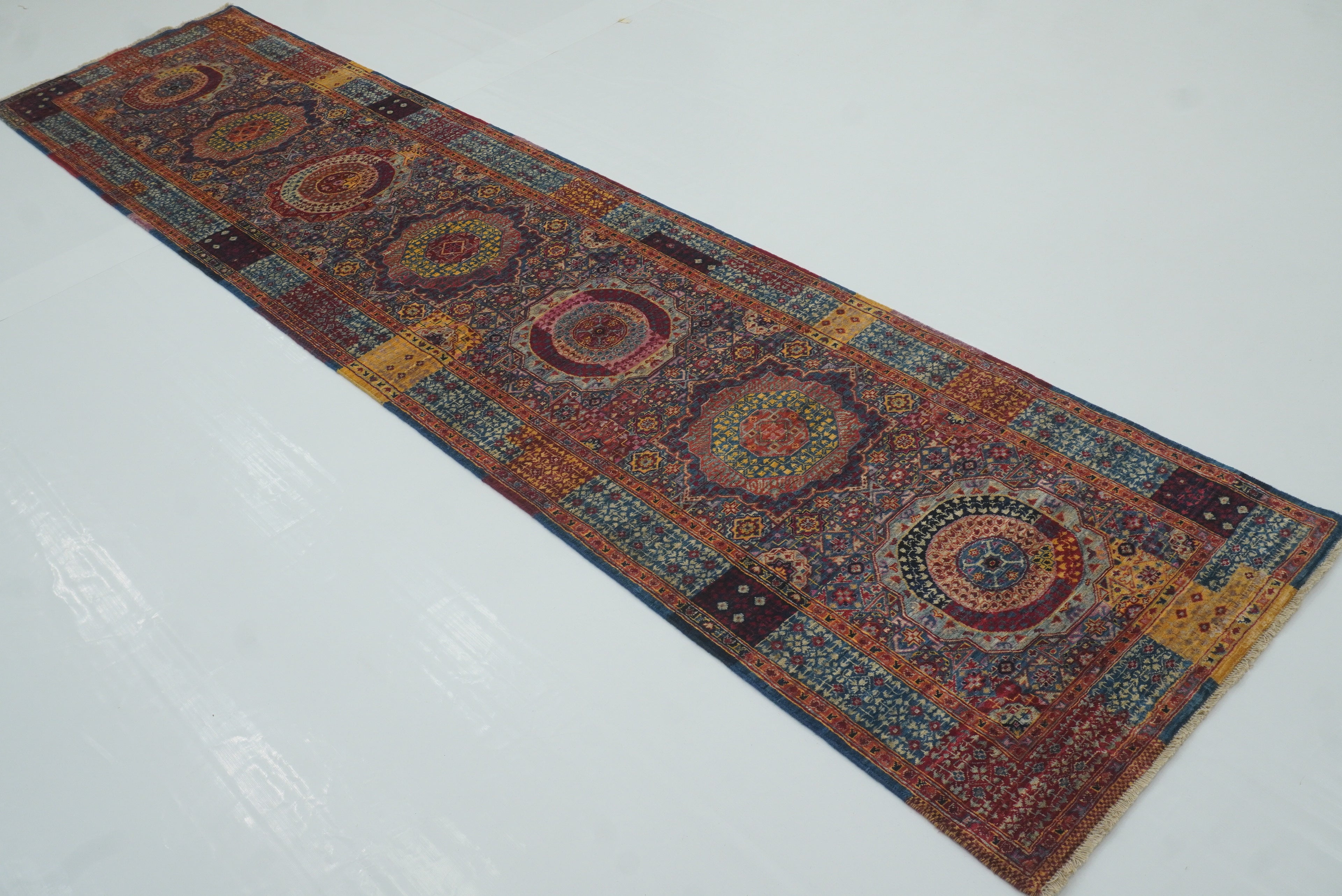 11 ft Blue Mamluk Hand-Knotted Wool Runner Rug - Yildiz Rugs