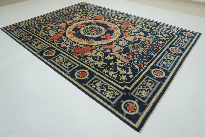 9x12 Phoenix Navy Blue Chinese Style Hand-Knotted Rug - Yildiz Rugs