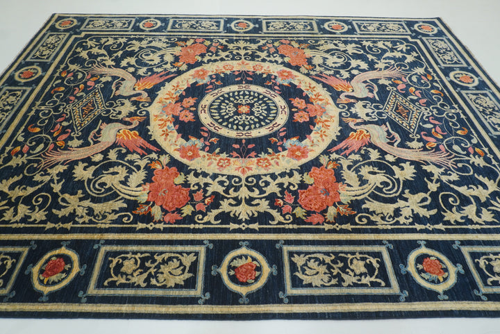 9x12 Phoenix Navy Blue Chinese Style Hand-Knotted Rug - Yildiz Rugs