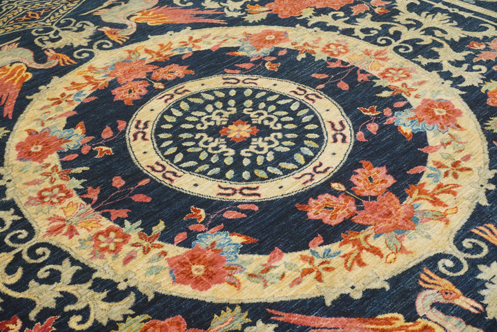 9x12 Phoenix Navy Blue Chinese Style Hand-Knotted Rug - Yildiz Rugs