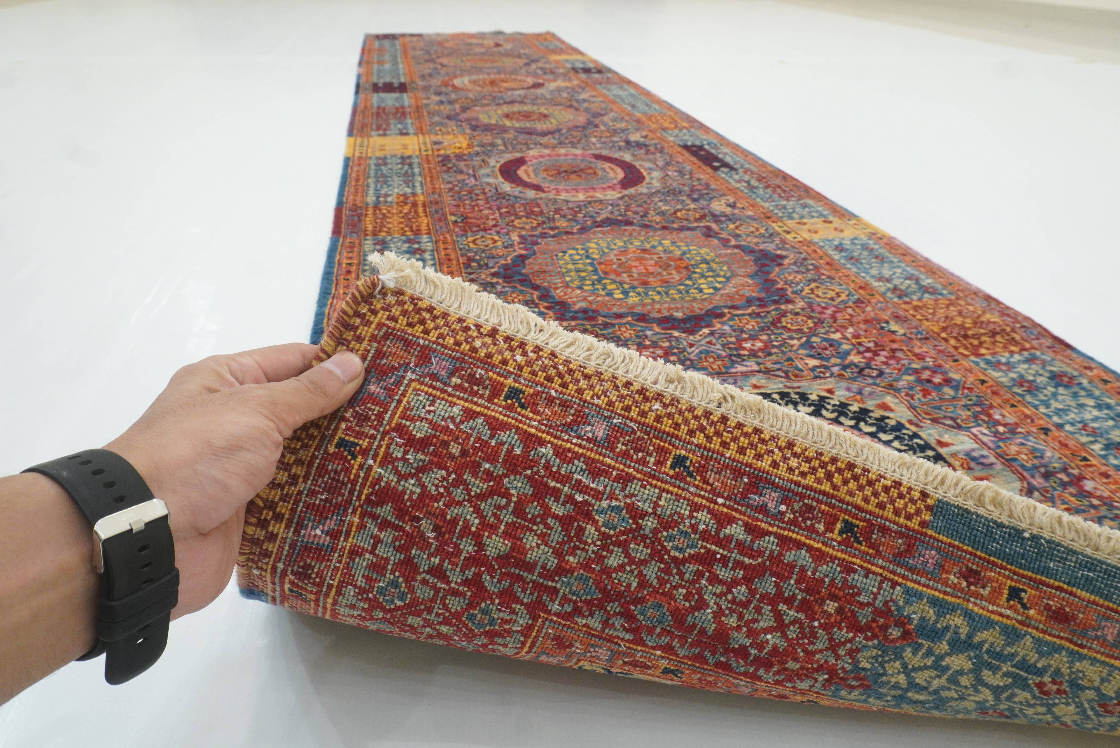 11 ft Blue Mamluk Hand-Knotted Wool Runner Rug - Yildiz Rugs