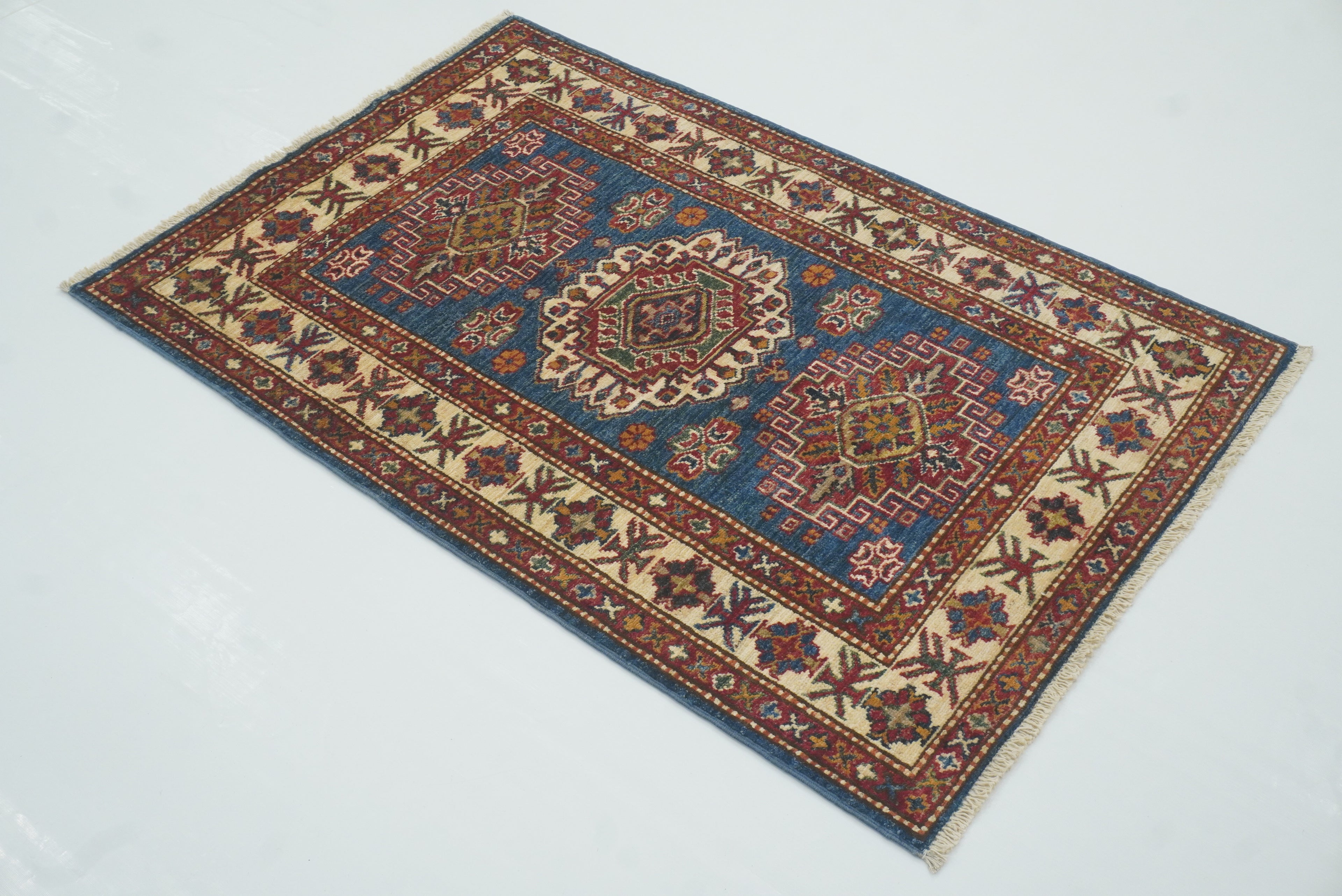 3x4 Navy Blue Kazak Afghan Hand-knotted Wool Rug - Yildiz Rugs
