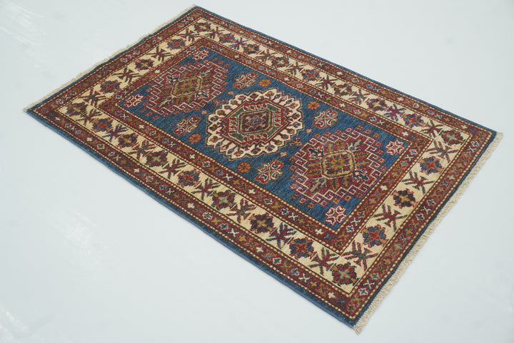 3x4 Navy Blue Kazak Afghan Hand-knotted Wool Rug - Yildiz Rugs