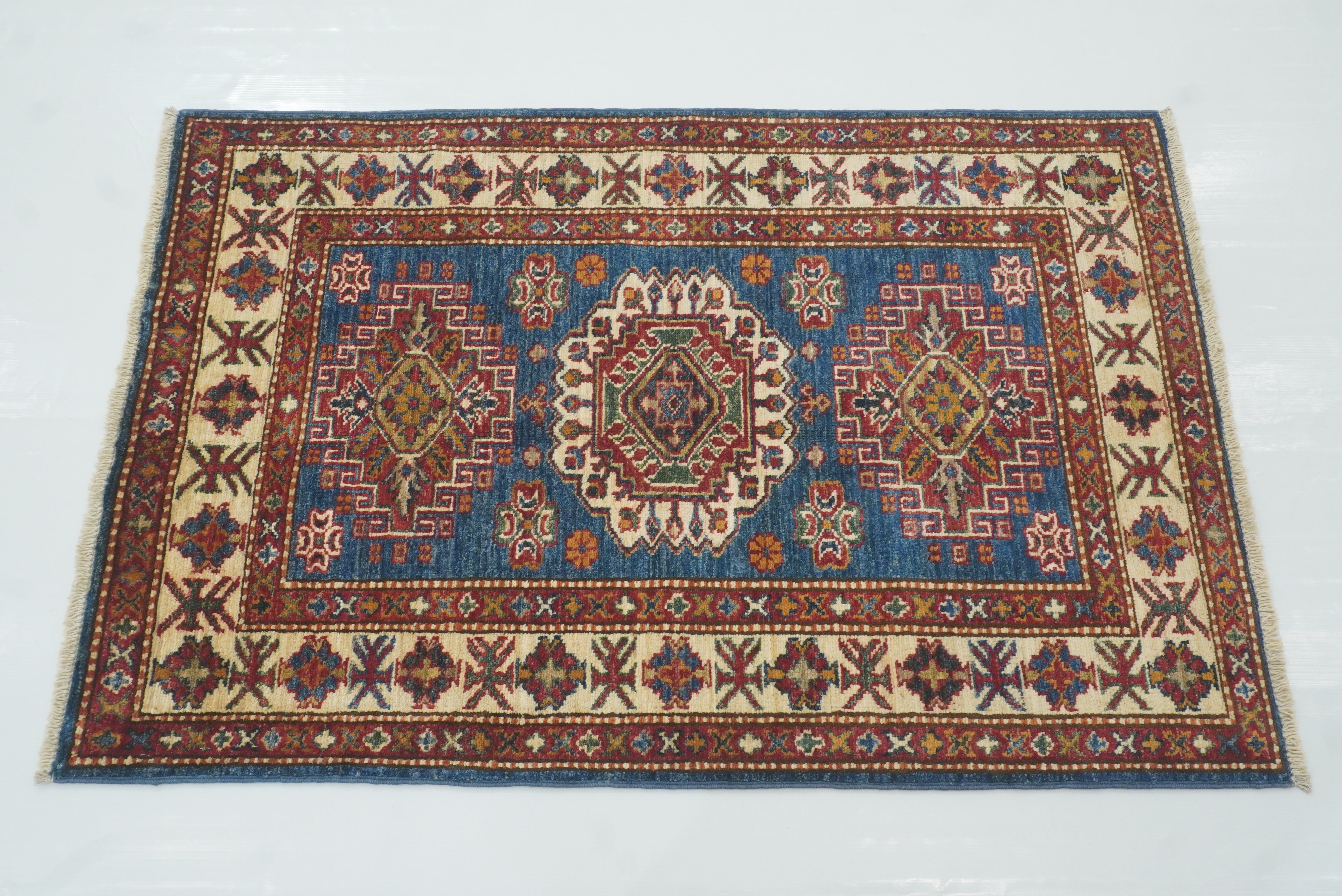 3x4 Navy Blue Kazak Afghan Hand-knotted Wool Rug - Yildiz Rugs